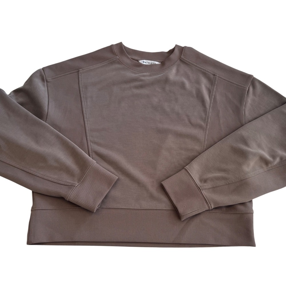 Athleta Seasoft Rib Crewneck Sweatshirt XS Taupe Modal Blend Lounge Athleisure - Picture 3 of 8